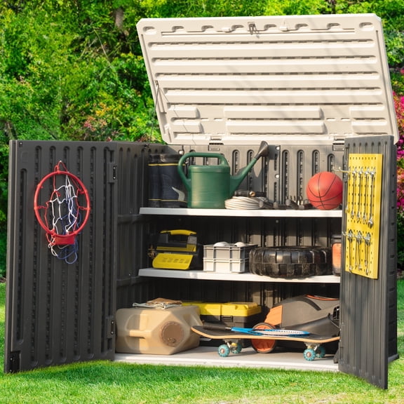 Dextrus Outdoor Horizontal Storage Sheds, Weather Resistant Resin Tool Shed, Multi-Opening Door for Easy Storage of Bike, Trash Cans, Garden Tools, Lawn Mowers, 35 Cu ft