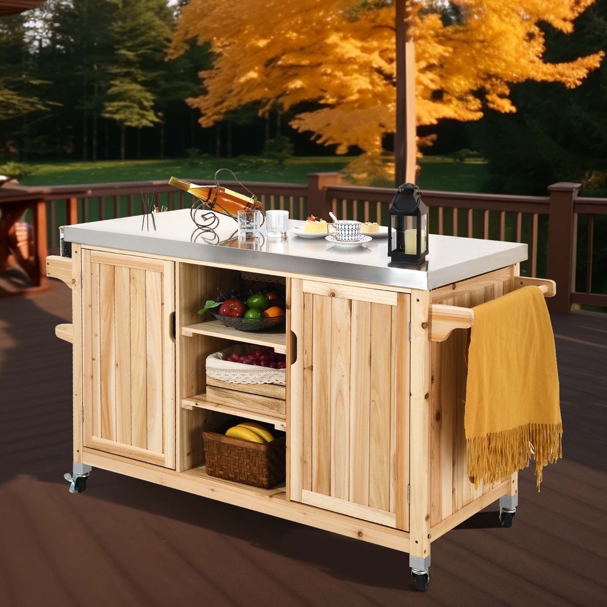 Dextrus Outdoor Kitchen Island Rolling Trolley Cart Stainless Steel Tabletop Kitchen Storage Dining Serving Cart Natural Wood Size One Size