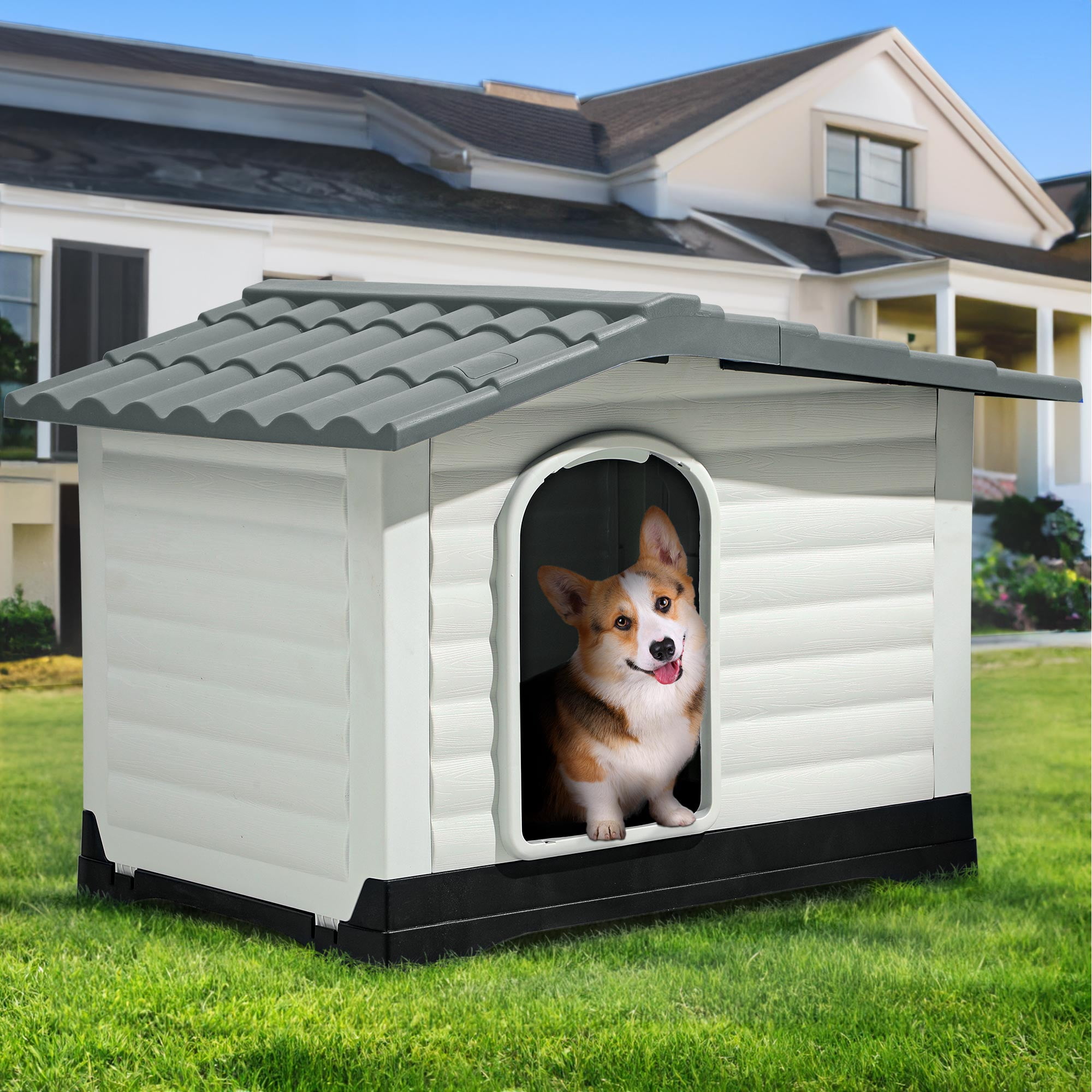 Dextrus Outdoor Large Plastic Dog house with Elevated Base, WaterResistant 36" Large Double