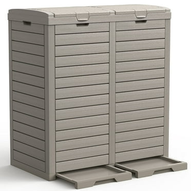 Dextrus Outdoor Large Resin Trash Bins Dual Compartments, 62 Gallon Classified Hideaway Garbage Cans with Lid and Drip Tray for Porch, Backyard, Deck, Patio, Poolside, Easy to Clean, 248 Quart, Taupe