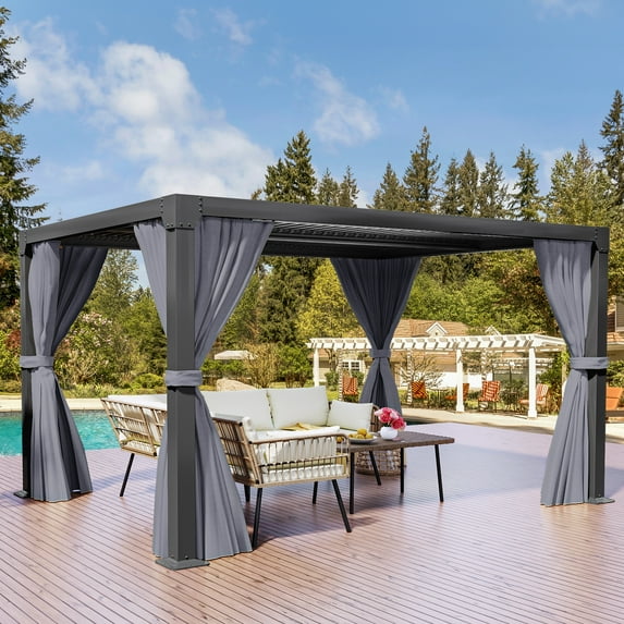 Dextrus Outdoor Louvered Pergola 10x13 ft Patio Hardtop Gazebo with Netting and Shaded Curtains Sun Shade Shelter with Metal Adjustable Roof for Patio, Backyard, Deck and Lawns, Gray