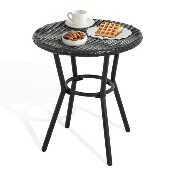 Dextrus Outdoor Patio Coffee Table PE Rattan Round Side Table with Tempered & Wicker Top