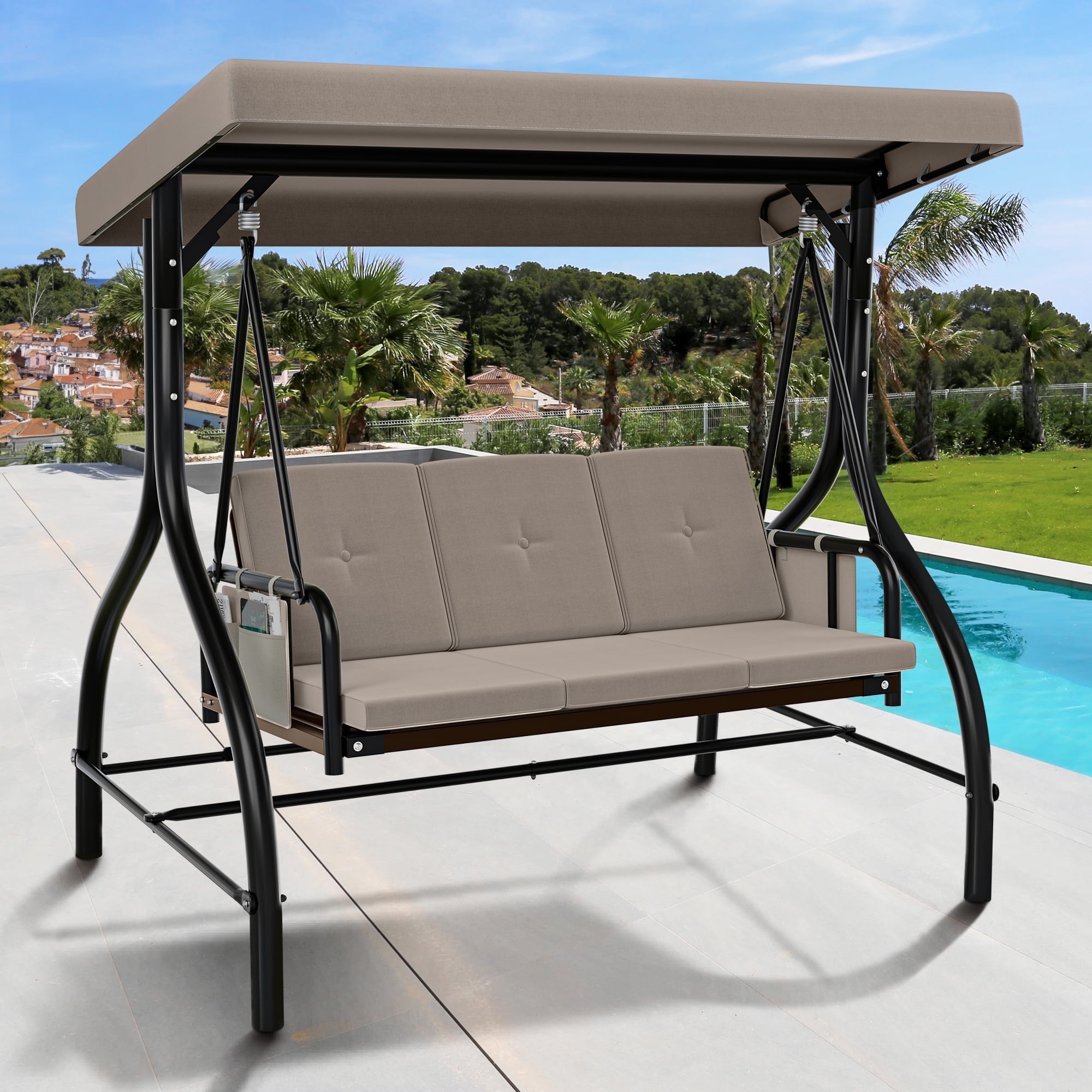 Dextrus Outdoor Patio Swing Chair, 3 Person Porch Swing with Adjustable Canopy, Removable Cushion,Suitable for Garden, Poolside, Balcony,(Beige Grey)