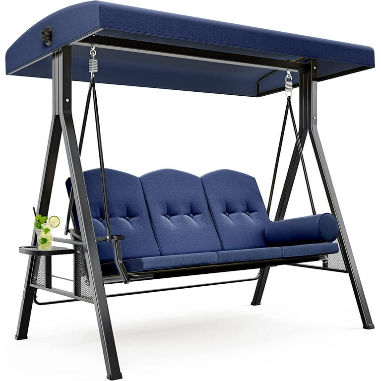 Dextrus 3-Seat Deluxe Porch Swing Outdoor Heavy Duty Patio Swing Chair with  Adjustable Canopy Removable Cushions Weather Resistant Steel Frame, Navy  Blue 