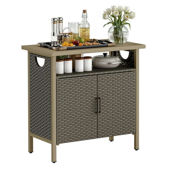 Dextrus Outdoor Patio Wicker Bar Counter Table, Wicker Storage Cabinet with with 2 Doors and Shelves, Wicker Bar Table,Deck Box - Brown