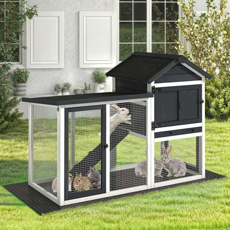 Dextrus Outdoor Rabbit Hutch Large Pet House Wooden Habitat Small Animal Pet Poultry Cage with PVC Mat, Removable Tray, Gray