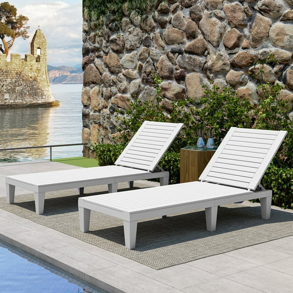 Dextrus Outdoor Resin Chaise Lounge, 2-Pack, Grey-White, Faux Wood Grain, 74.5×22.8×11.2 in, 150kg Capacity
