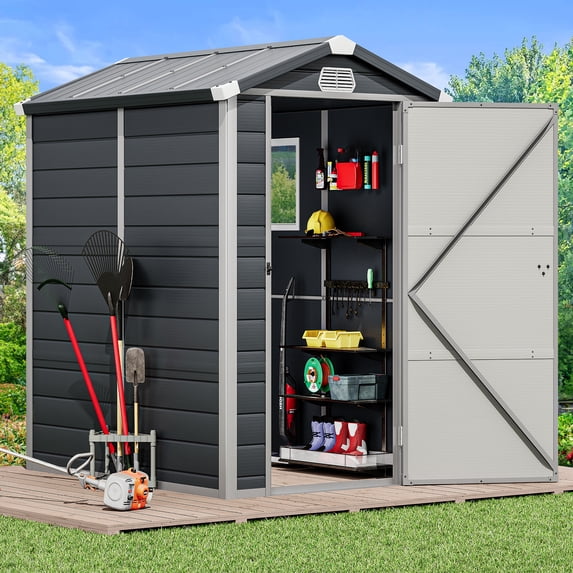Dextrus Outdoor Resin Storage Shed with Floor, 4.4x6.2FT All-Weather Plastic Shed with Lockable Doors, Window & Vents