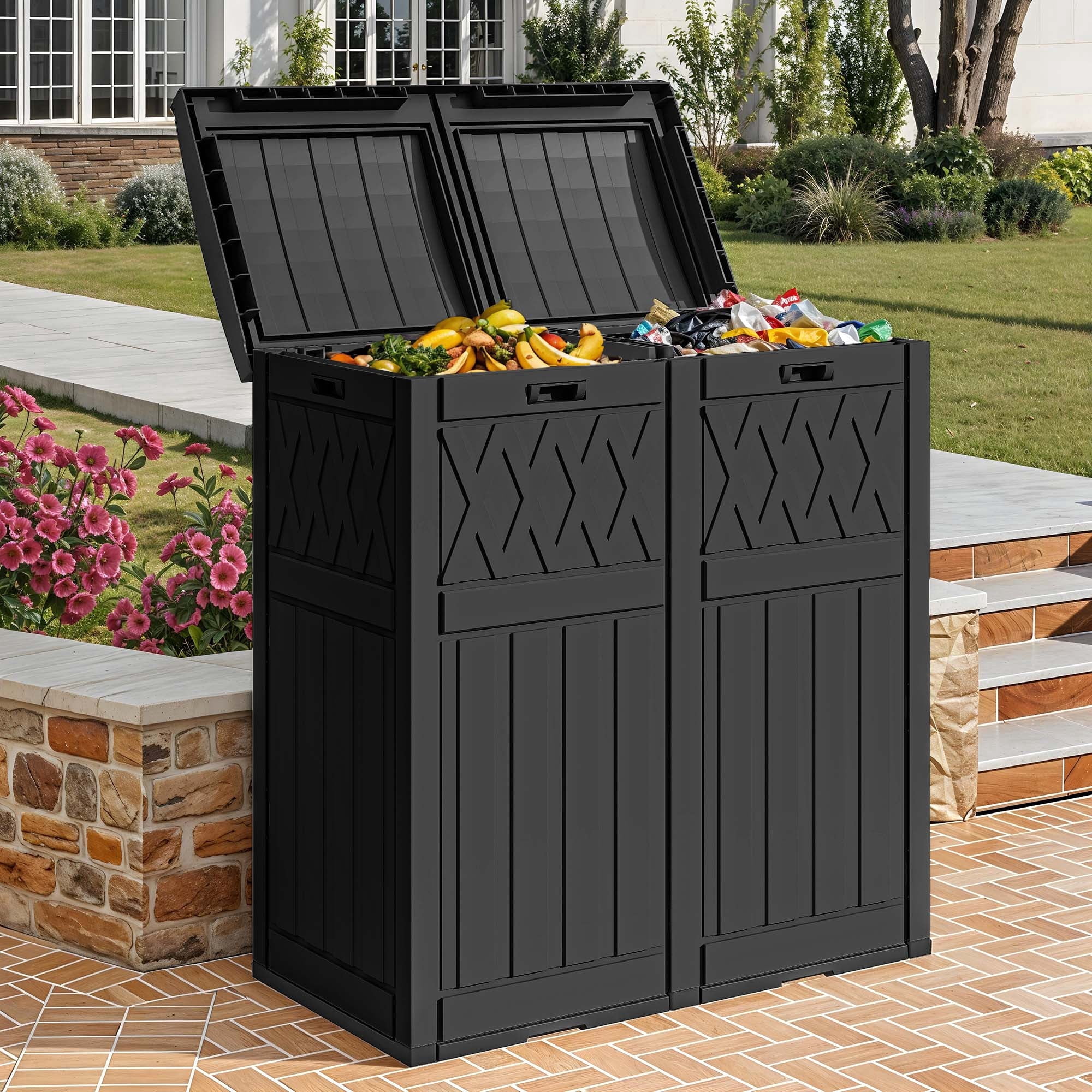 Dextrus 76 Gal Resin Outdoor Garbage Bin, Dual Can Design, Tiered Lid & Drip Tray, Black