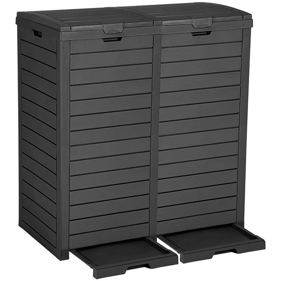 Dextrus Outdoor Resin Trash Bins Dual Compartment, 62 Gallon Large 2 Classified Hideaway Garbage Cans with Lid and Drip Tray for Easy Cleaning on Porch, Backyard, Deck, Patio, Poolside, Black