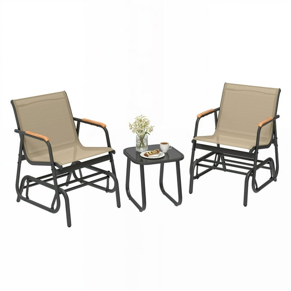 Dextrus Outdoor Rocking Bistro Set, 3-Piece Patio Furniture Glider Chair Set Featuring Wooden Armrests, Glass Table, Brown