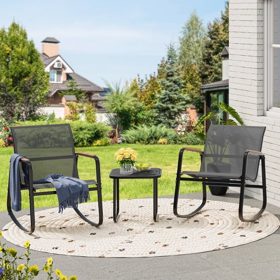 Dextrus Outdoor 3-Piece Rocking Bistro Set with Wooden Armrests, Glass Table for Lawn, Garden, Balcony, Gray