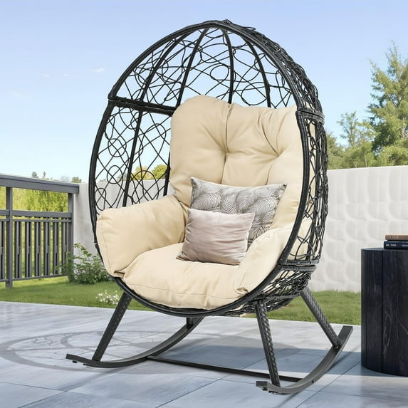 Dextrus Outdoor Rocking Wicker Egg Chair with Cushioned Comfort, 250lb Capacity, Anti-Slip, Black+Beige