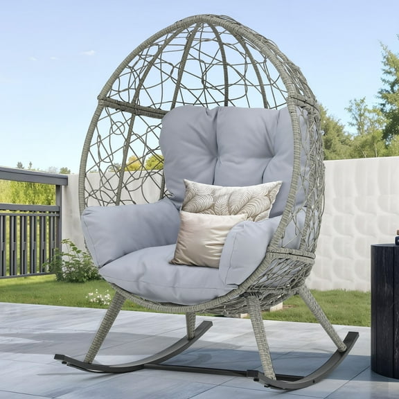 Dextrus Outdoor Rocking Wicker Egg Chair with Cushioned Comfort, 250lb Capacity, Light Grey