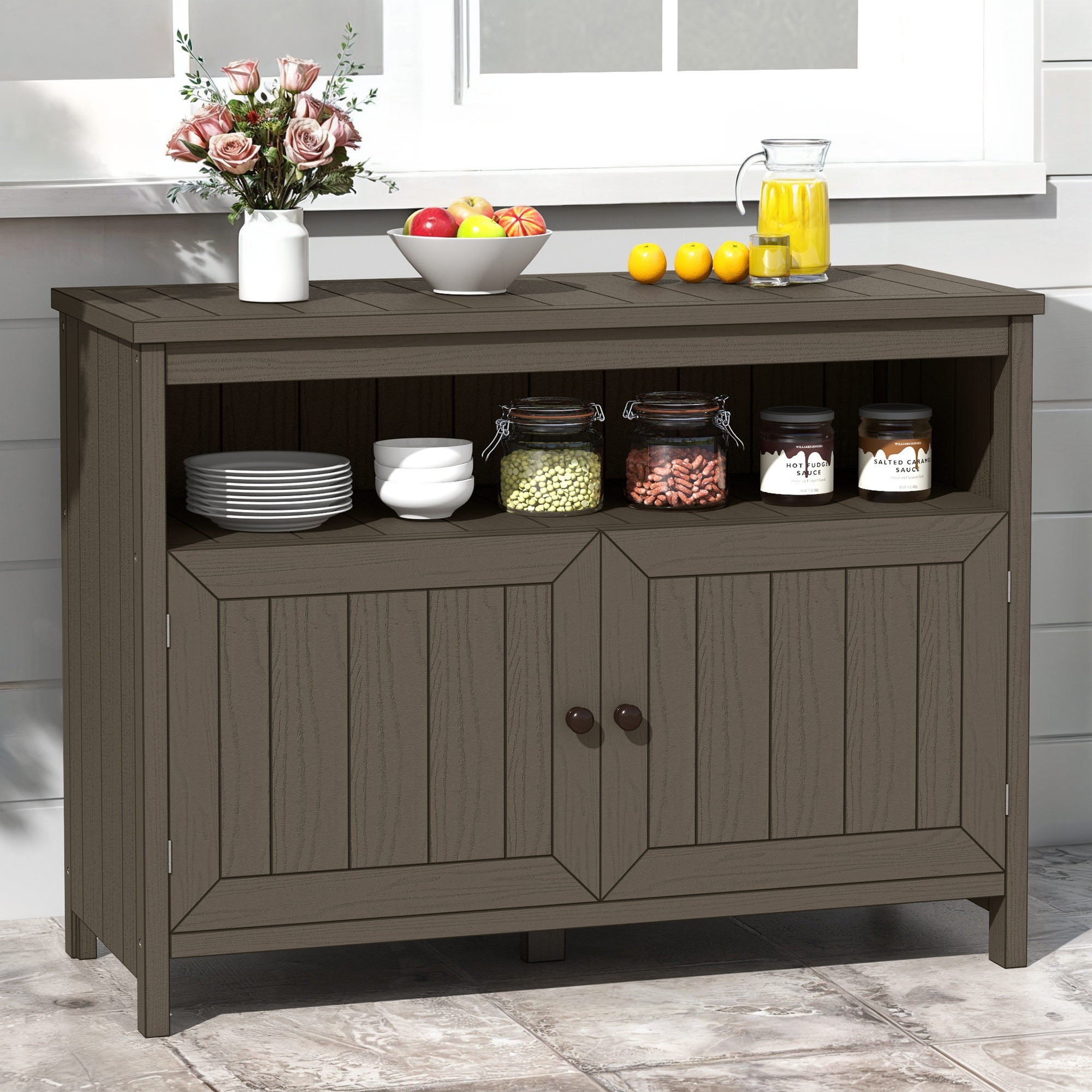 Dextrus Outdoor Storage Cabinet with Doors, Wooden Counter Sideboard Table with Shelves for Backyard, Poolside, Garden, Kitchen Island - Brown
