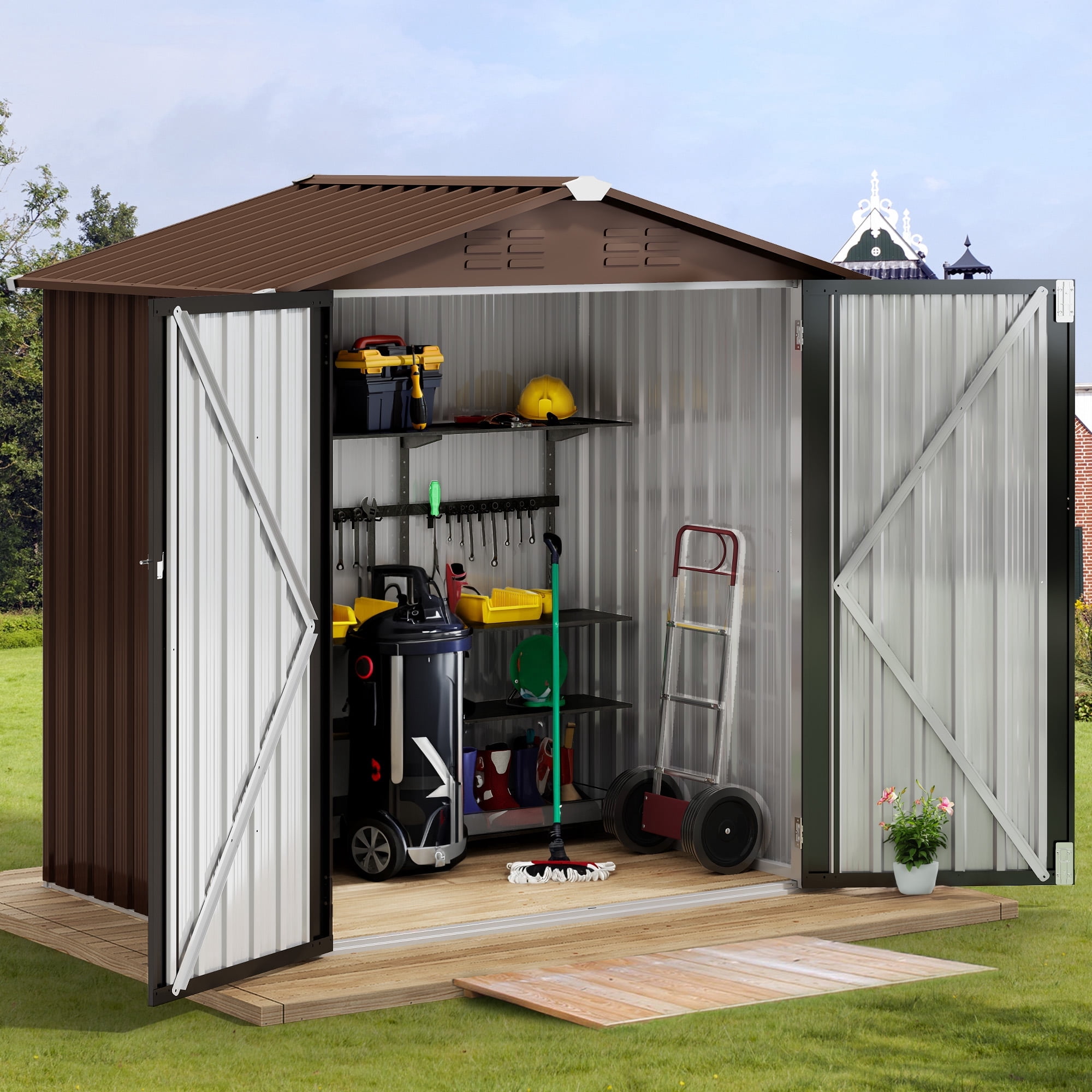 Dextrus Outdoor Storage Shed 6x4FT, Heavy Duty Metal Tool Sheds Storage House with Lockable Door & Air Vent for Garden, Patio, Lawn to Store Bikes, Trash Bins, Tools, Brown