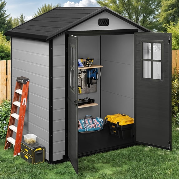 Dextrus Outdoor Storage Shed for Tools with Floor, Polystyrene Shed with Double Doors & Windows