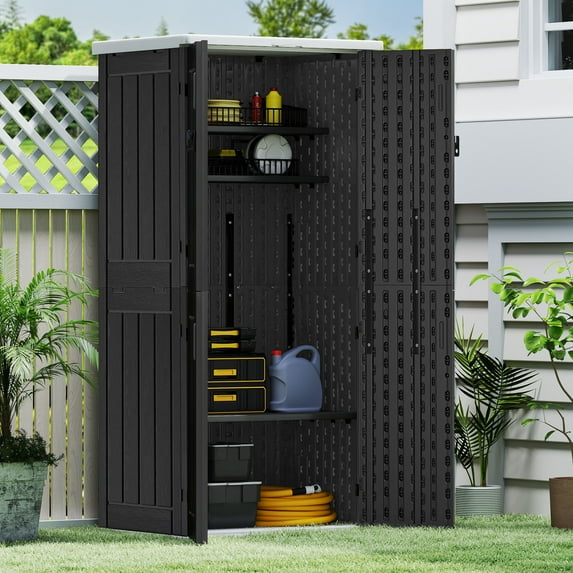 Dextrus Outdoor Storage Shed with 4 Shelves, Weatherproof Resin Storage with Lockable Lid, Dark Gray