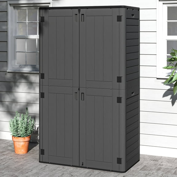 Dextrus Outdoor Vertical Storage Shed, 25 Cubic Feet without Shelving for Bicycles, Garden Tools, Garage, Poolside, Dark Gray & Black