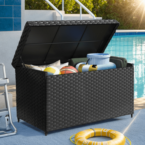 Dextrus Outdoor Water-Resistant 170 Gallon Wicker Deck Box, Black