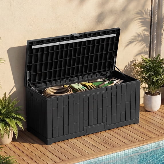 Dextrus Outdoor Waterproof 120 Gallon Resin Deck Box, Black & Brown