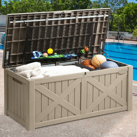 Dextrus Outdoor Waterproof 120 Gallon Resin Deck Box, Light Brown, Large Capacity