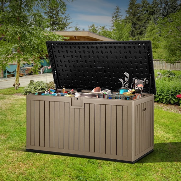 Dextrus Outdoor Waterproof 230 Gallon Resin Deck Box, Black & Brown