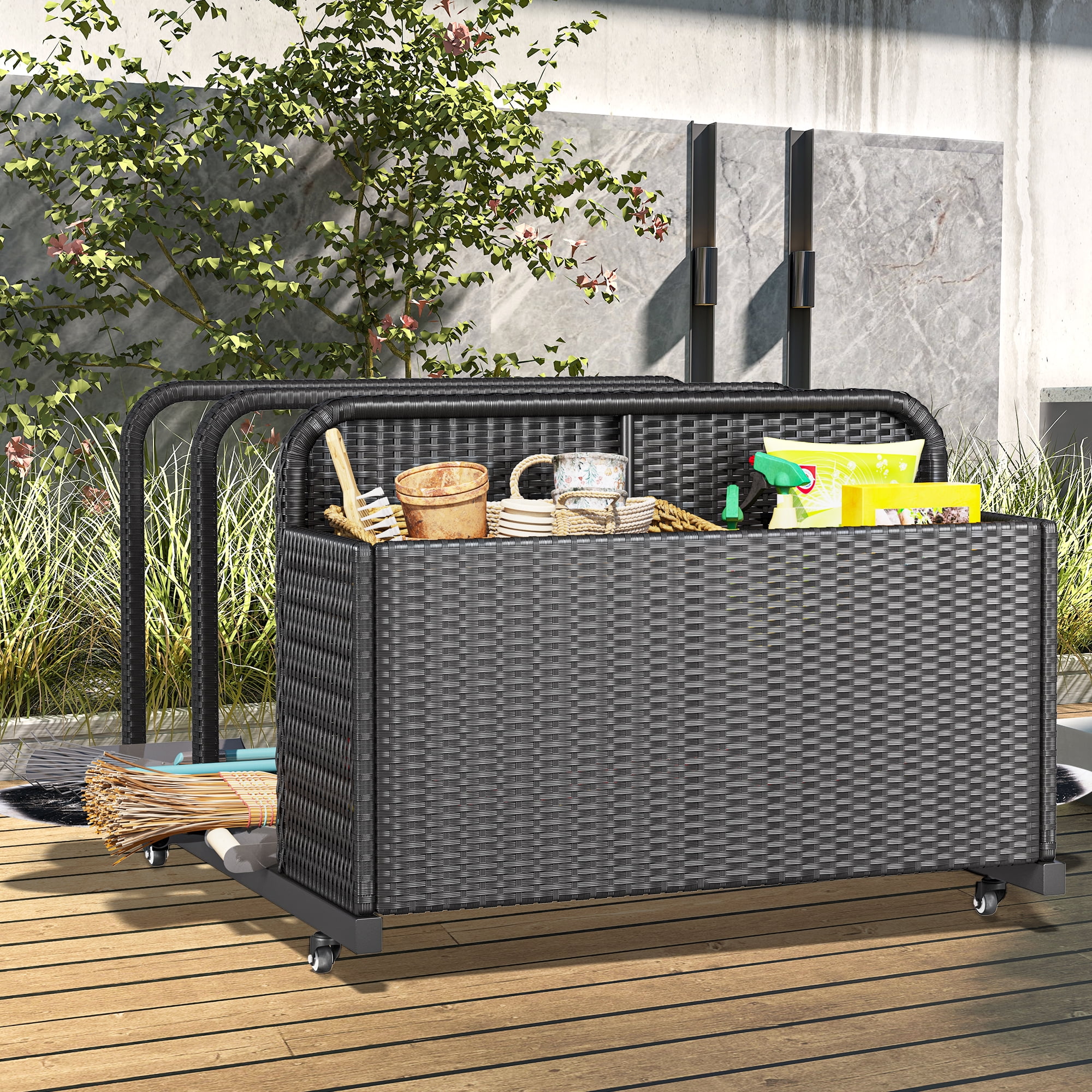 DEXTRUS Outdoor Wicker Storage Box, Waterproof PE Rattan Garden Cart ...