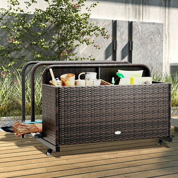 Dextrus Outdoor Wicker Storage Box, One PE Rattan Deck Box and Two Long Holder Compartments, Patio Poolside Caddy with Rolling Wheels for Floaties, Noodles, Life Vests, Beach Balls, Toys (Brown)