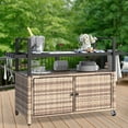 thumbnail image 1 of Dextrus Outdoor Wicker Table with Storage Cabinet, Black Glass Table Top for Patio, Poolside and Backyard (Light Brown), 1 of 5