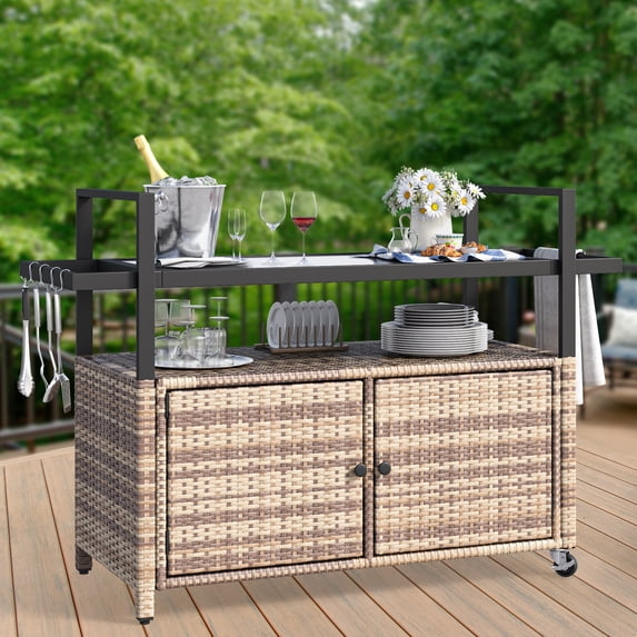 Dextrus Outdoor Wicker Table with Storage Cabinet, Black Glass Table Top for Patio, Poolside and Backyard (Light Brown)