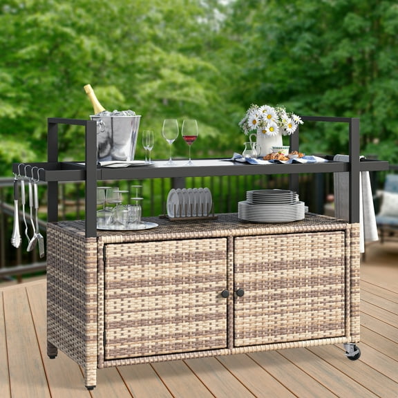 Dextrus Outdoor Wicker Table with Storage Cabinet, Black Glass Table Top for Patio, Poolside and Backyard (Light Brown)