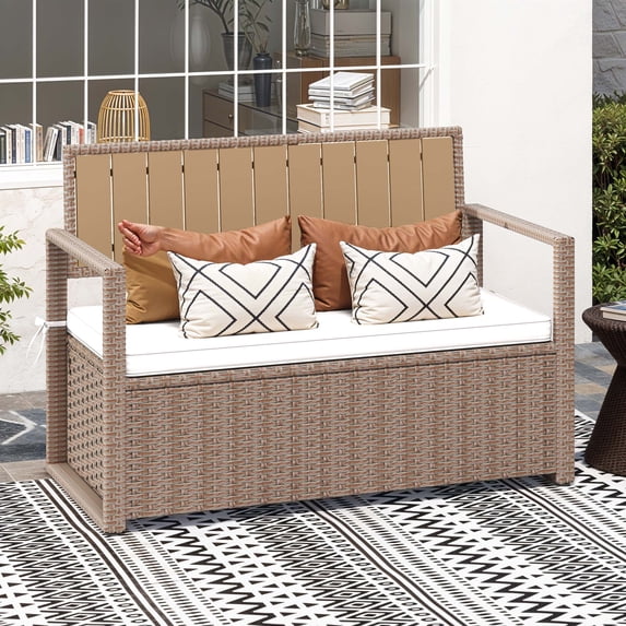 Dextrus Patio 70 Gallon PE Rattan Deck Box,Storage Bench, All-Weather Waterproof Deck Box Bench, Brown