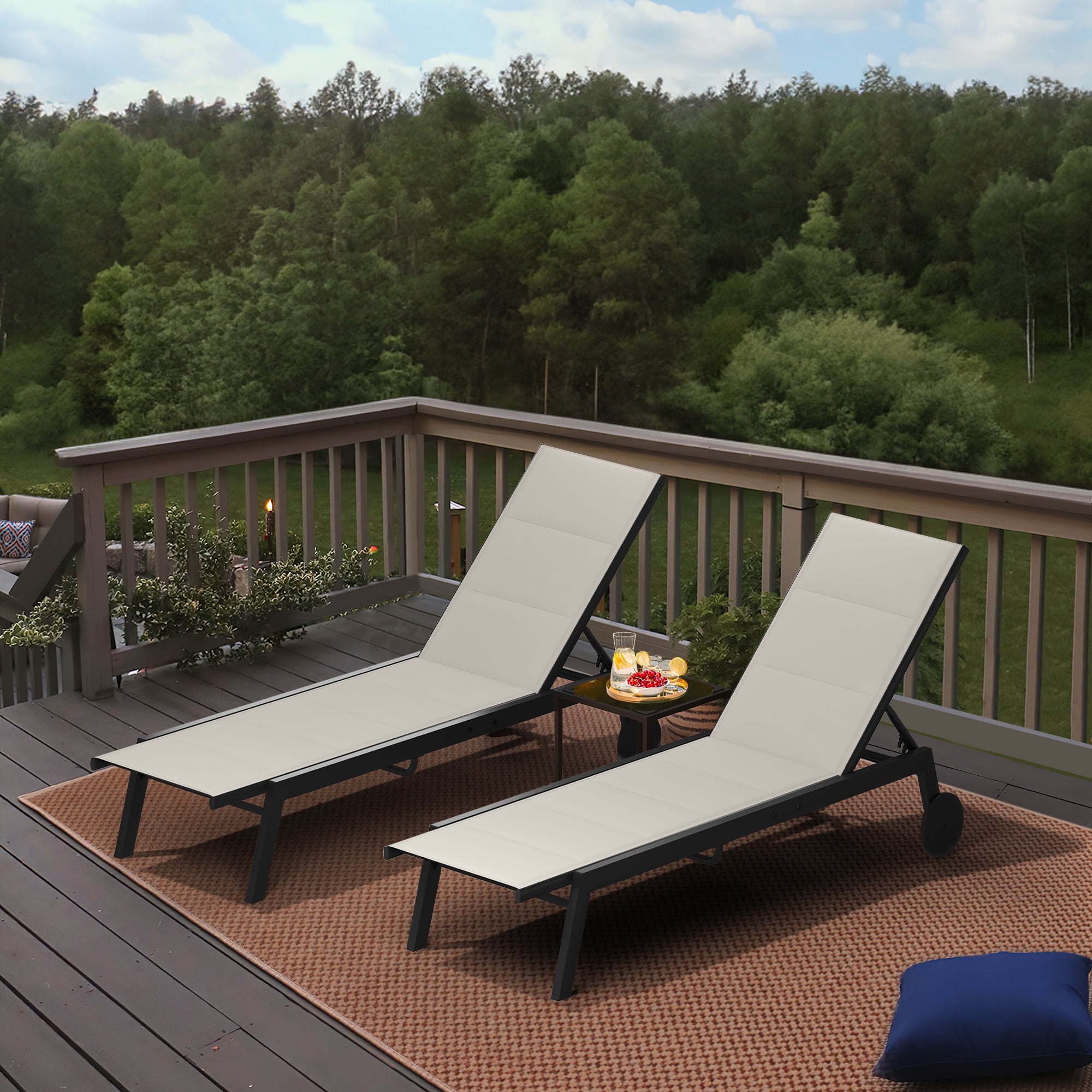 Dextrus Patio Chaise Lounge Set of 3, Aluminum Outdoor Lounge Chairs with Side Table, Padded Fabric, and Wheels