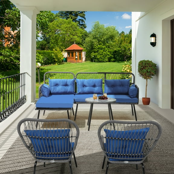 Dextrus Patio Furniture L-Shaped Coversation Sectional Outdoor Sofa Set for Backyard, Porch with Thick Cushions Detachable Lounger, Side Table (Gray+Navy Blue)