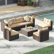 Dextrus Patio Furniture Set,7-Piece All-Weather Rattan Patio Conversation Set with Washable Soft Cushions,Pillows and Coffee Table,Water-Resistant Outdoor Sectional Sofa for Garden, Balcony, Backyard