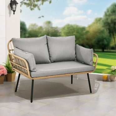 Dextrus Patio Furniture Wicker Outdoor Loveseat, All-Weather Rattan Conversation for Backyard, Balcony and Deck with Soft Cushions (Gray Beige)