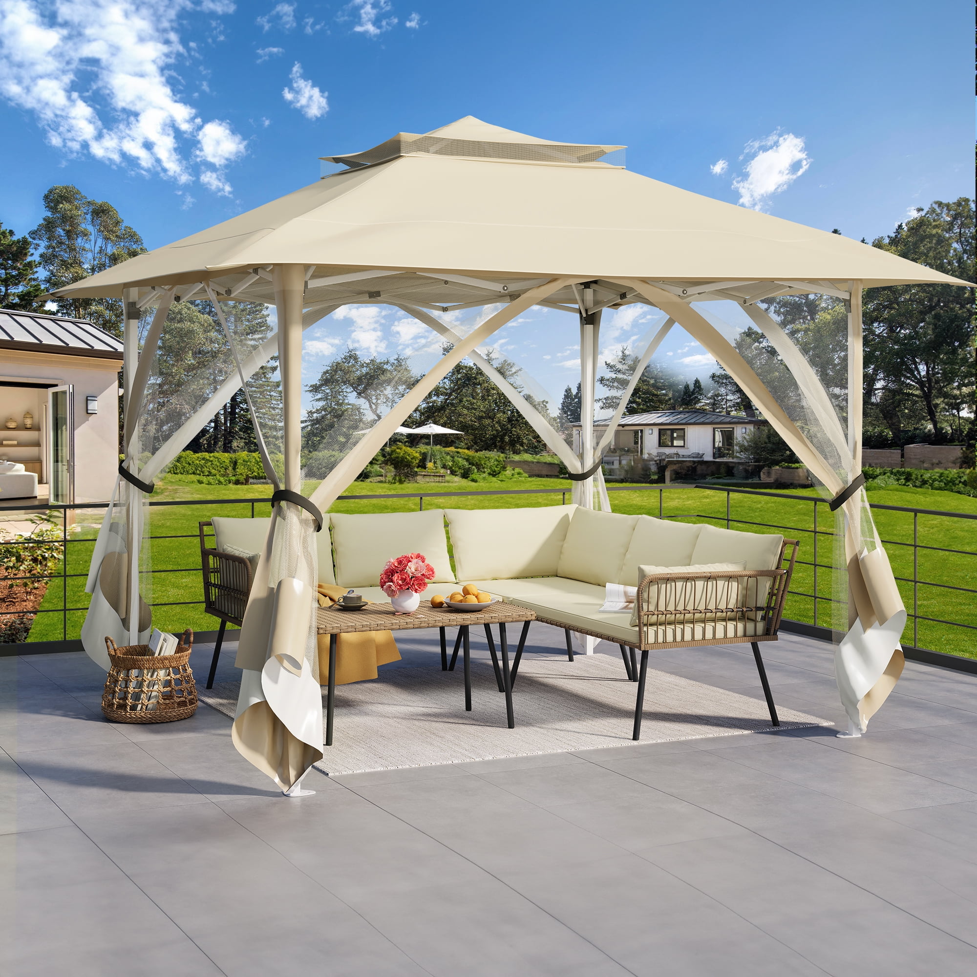 Dextrus Patio Gazebo 12x12ft Double Roof Pop Up Gazebo, Outdoor Portable Canopy Instant Tent with Netting for Lawn, Garden, Backyard and Deck, Beige Dextrus Patio Gazebo 12x12ft Double Roof Pop Up Gazebo, Outdoor Portable Canopy Instant Tent with Netting for Lawn, Garden, Backyard and Deck, Beige