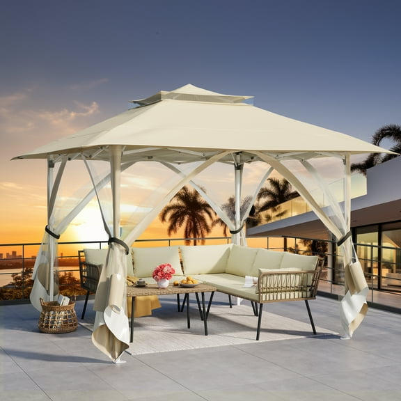 Dextrus Patio Gazebo 12x12ft Double Roof Pop Up Gazebo, Outdoor Portable Canopy Instant Tent with Netting for Lawn, Garden, Backyard and Deck, Beige