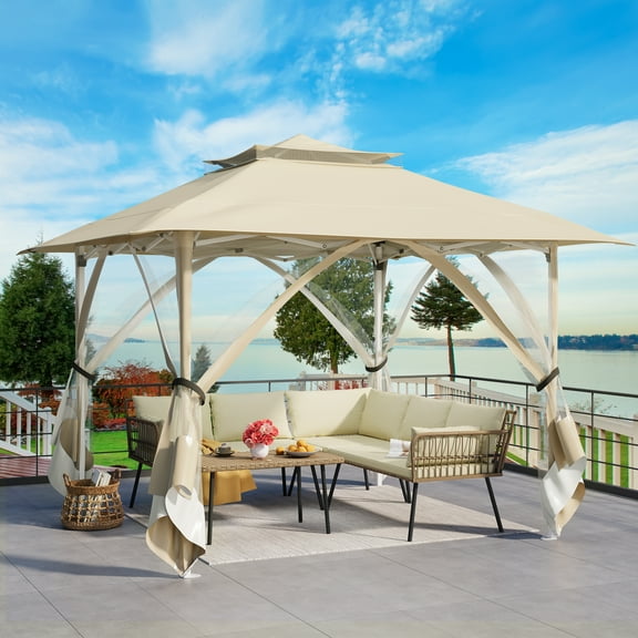Dextrus Patio Gazebo 12x12ft Double Roof Pop Up Gazebo, Outdoor Portable Canopy Instant Tent with Netting for Lawn, Garden, Backyard and Deck, Beige