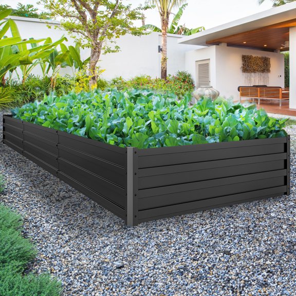Dextrus Patio Metal Raised Garden Bed Kit, Large Outdoor Planter Box with 2 Gloves and Safe Edge Curling Design for Plants, Vegetables, and Flowers - 12x4x1ft,Black