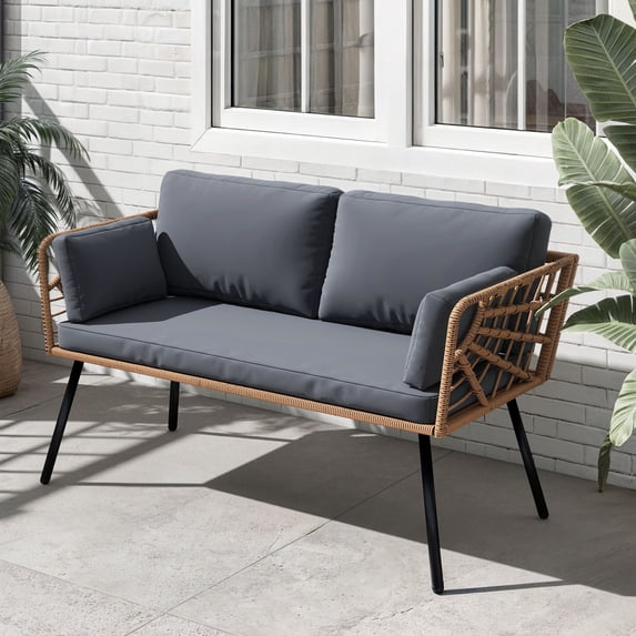 Dextrus Patio Sofa, Wicker Outdoor Loveseat, All-Weather Wicker Rattan Conversation Chairs with Cushions & Lumbar Pillows - Gray