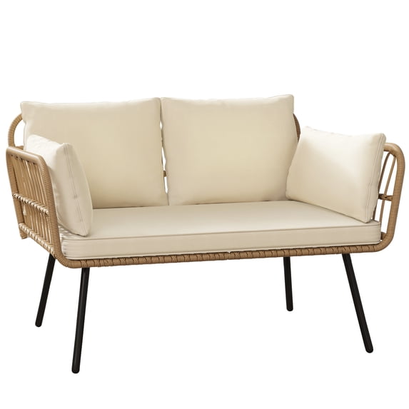 Dextrus Patio Sofa and Loveseat, Boho All-Weather Wicker Rattan Conversation Chairs with Cushions & Lumbar Pillows - Beige