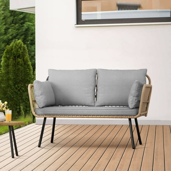 Dextrus Patio Sofa and Loveseat, Boho All-Weather Wicker Rattan Conversation Chairs with Cushions & Lumbar Pillows - Gray