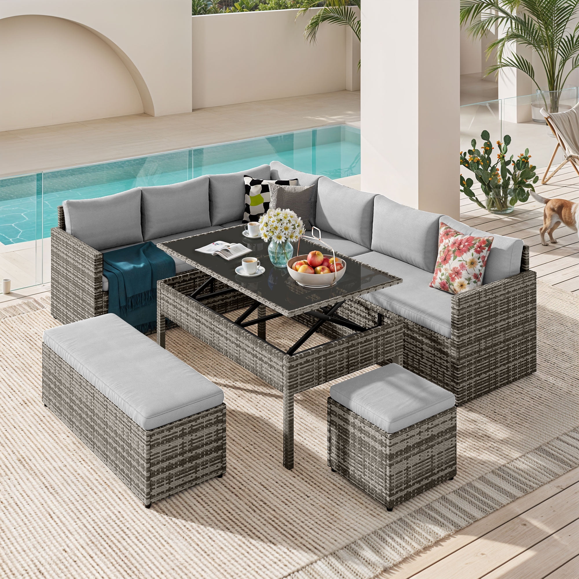 Dextrus Patio Wicker Furniture Set, 6-Piece Outdoor Sectional Sofa with Stools and Lift-Top Coffee Table, All-Weather Conversation Set for Garden, Backyard, Gray