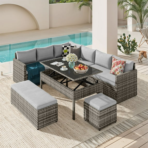 Dextrus Patio Wicker Furniture Set, 6-Piece Outdoor Sectional Sofa with Stools and Lift-Top Coffee Table, All-Weather Conversation Set for Garden, Backyard, Gray