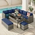 thumbnail image 1 of Dextrus Patio Wicker Furniture Set, 6-Piece Outdoor Sectional Sofa with Stools and Lift-Top Coffee Table, All-Weather Conversation Set for Garden, Backyard, Navy Blue, 1 of 9
