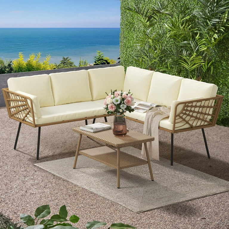 Dextrus Patio Wicker Sofa set Outdoor Boho Sectional Furniture L Shaped Conversation Sofa set 5 Seats with Beige Cushions and 2 tier PE Rattan Side