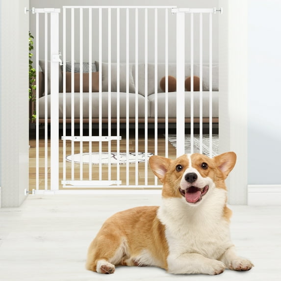 Dextrus Pet Gate Dog Gate with Cat Door,Extra Large 55"Tall Auto Close Metal Pet Gate, Fits Between 29.5" to 40" Wide, Easy Walk Through Gate,No Drilling Required, White