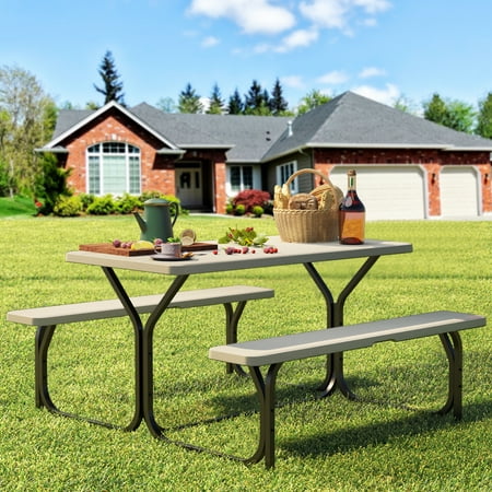 Dextrus Picnic Table Bench Set 6 ft Outdoor Camping with Stable Steel Frame & Wooden Texture Tabletop Weather Resistant w/Umbrella Hole - Light Brown